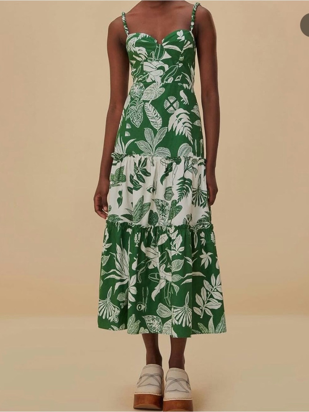 FARM Rio Green and White Floral Tiered Midi Dress - Picture 1 of 2